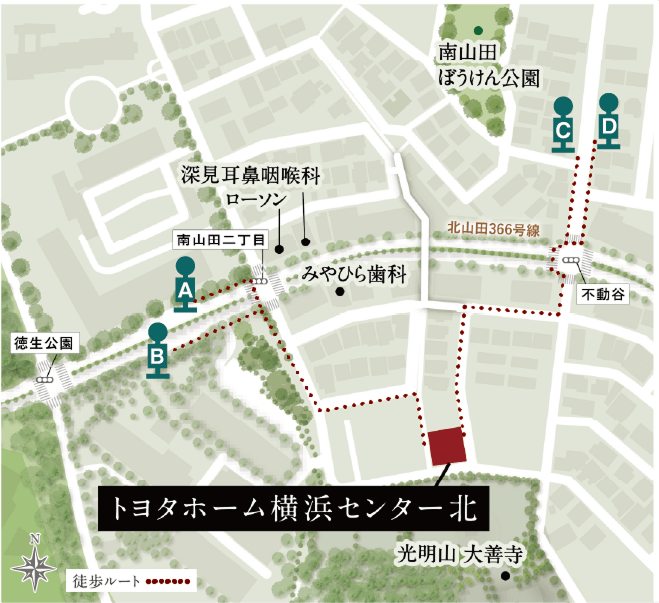 トヨタホーム横浜センター北からバス停A〜Dまでの徒歩ルート案内図