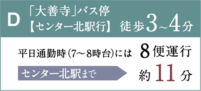 Dバス停「大善寺」(センター北駅行)徒歩3〜4分。平日朝8便運行、センター北駅まで約15分