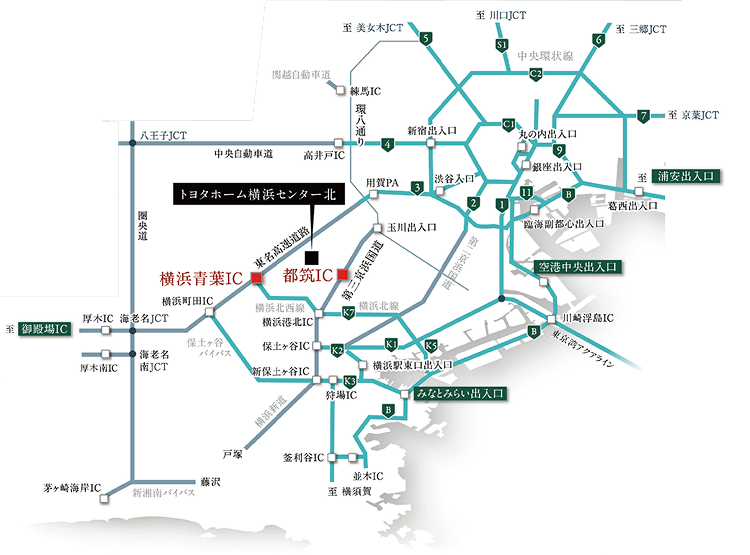 都筑ICを中心とした第三京浜・東名高速・首都高速の高速道路概念図