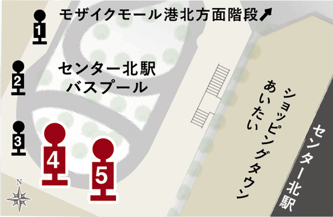 センター北駅バスプールの乗り場案内図(1〜5番)