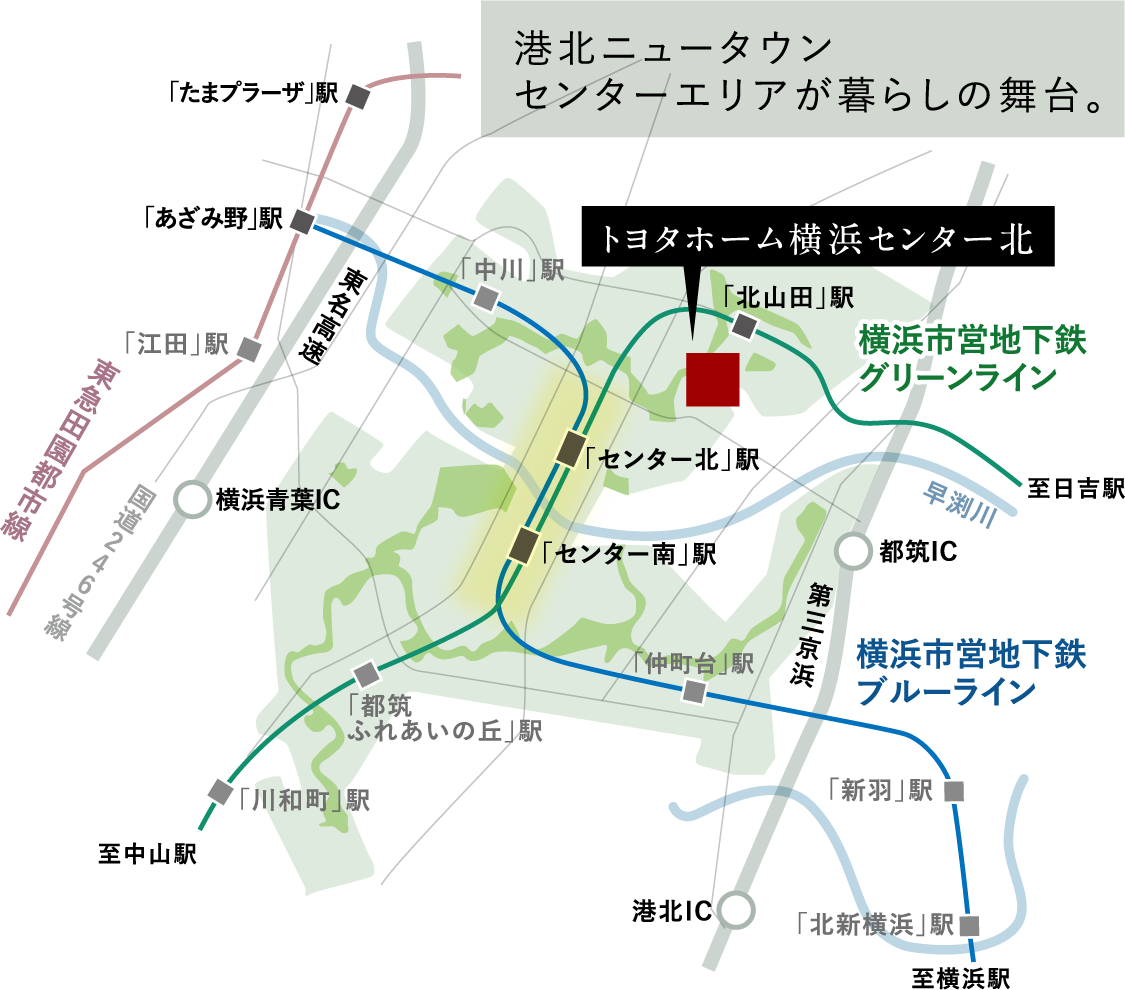 港北ニュータウン概念図（現地位置と周辺駅を表示）